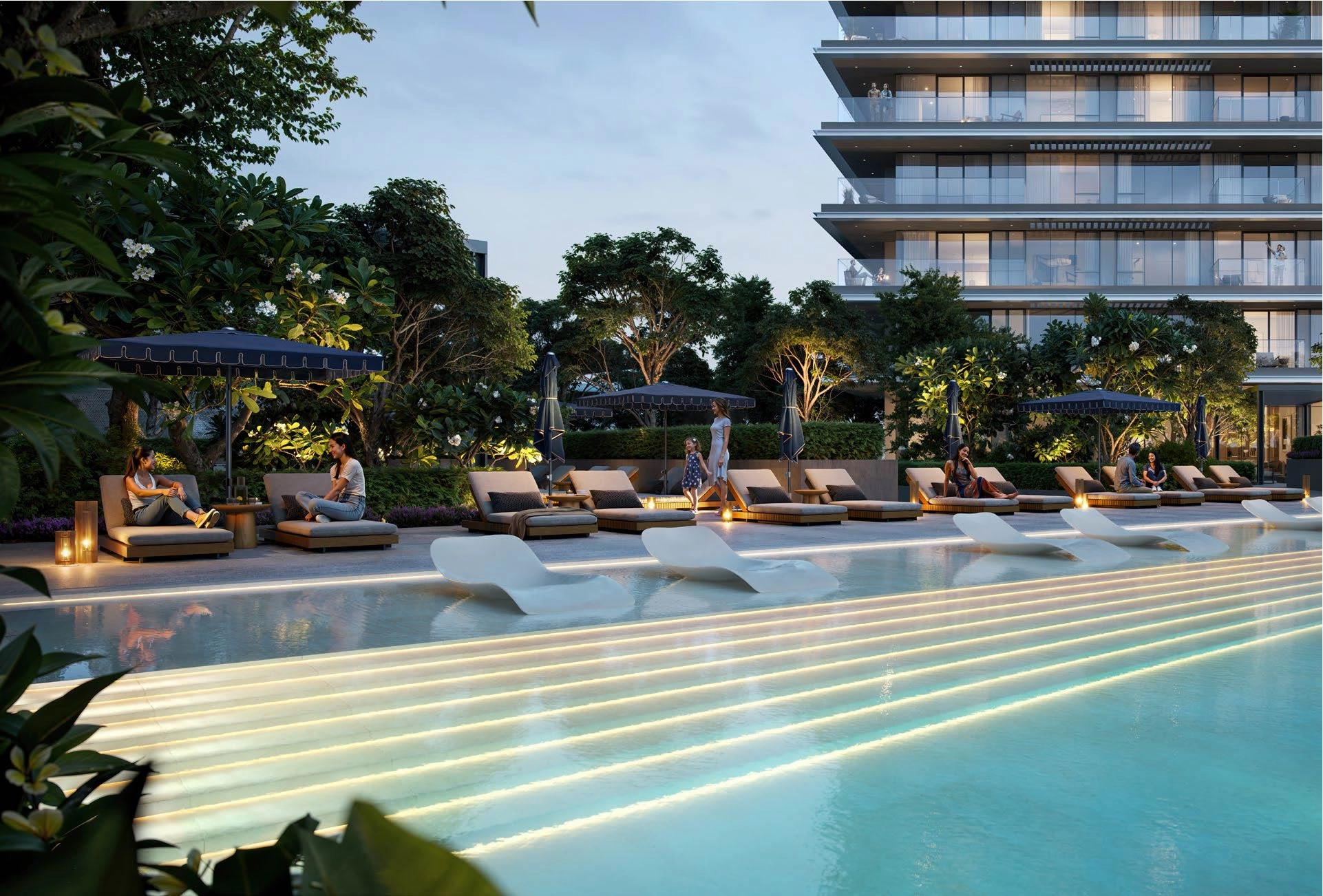 Sunset over Albero’s nature-integrated exterior and soft lighting